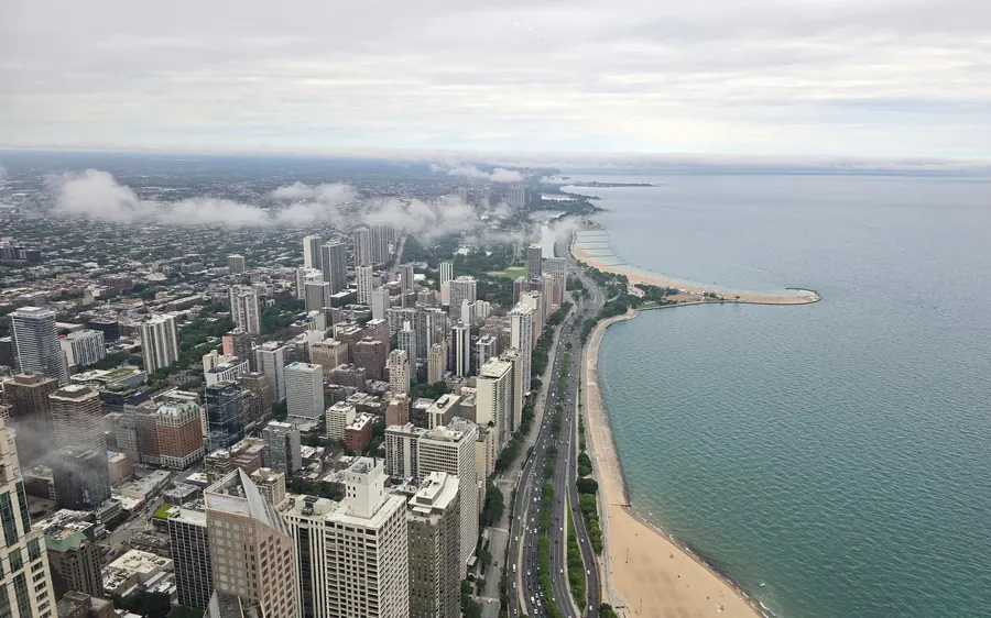 High-rises along the Lake Michigan beach and shore drive, seen from far above